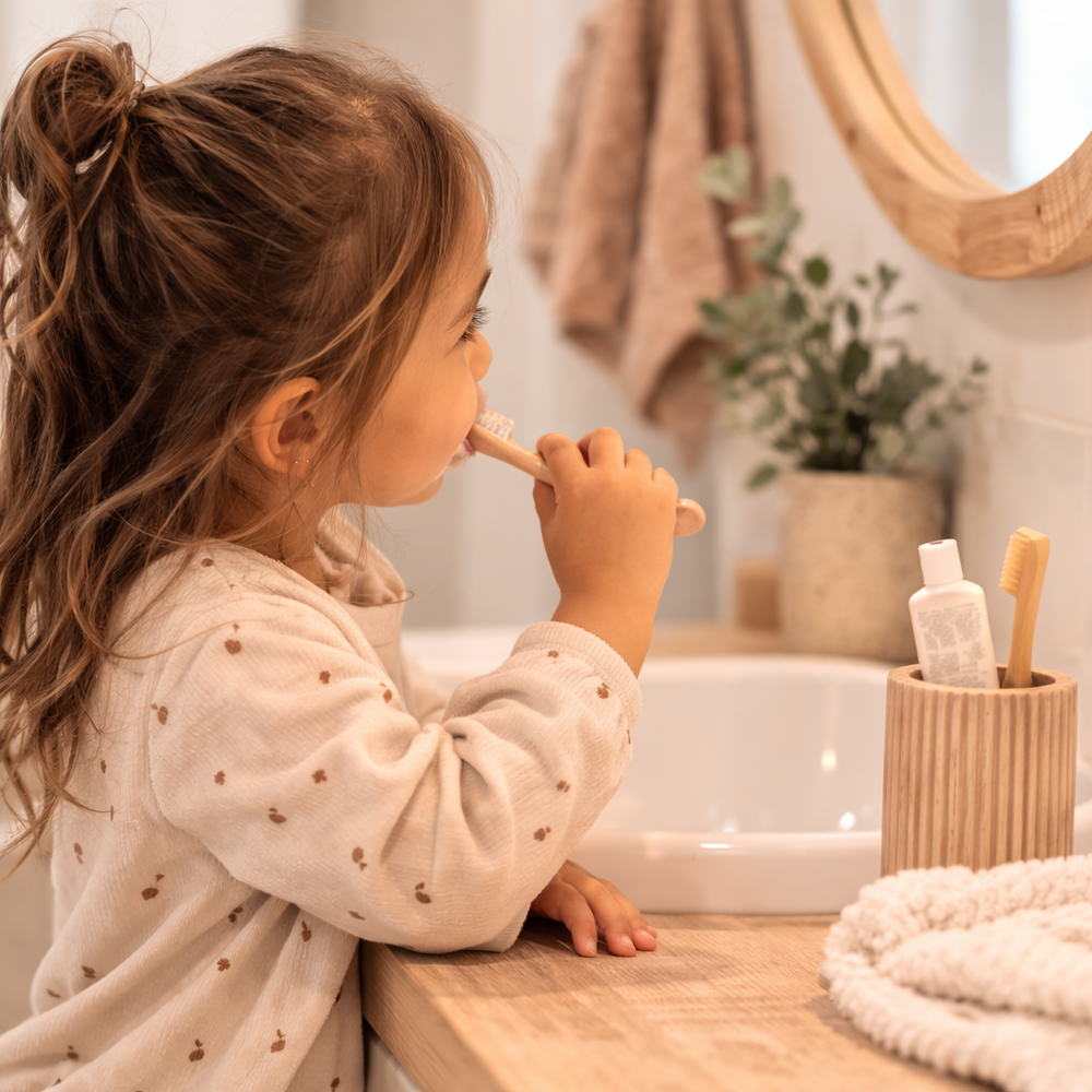 Child brushing teeth in a bathroom with a mirror and sink in the background
